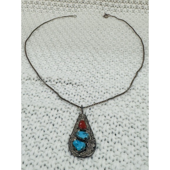 Vance Jewelry - Vance 925 Sterling Silver Turquoise Coral Feather Pendant Necklace